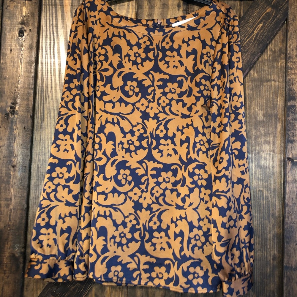 Loft navy and gold long sleeve blouse